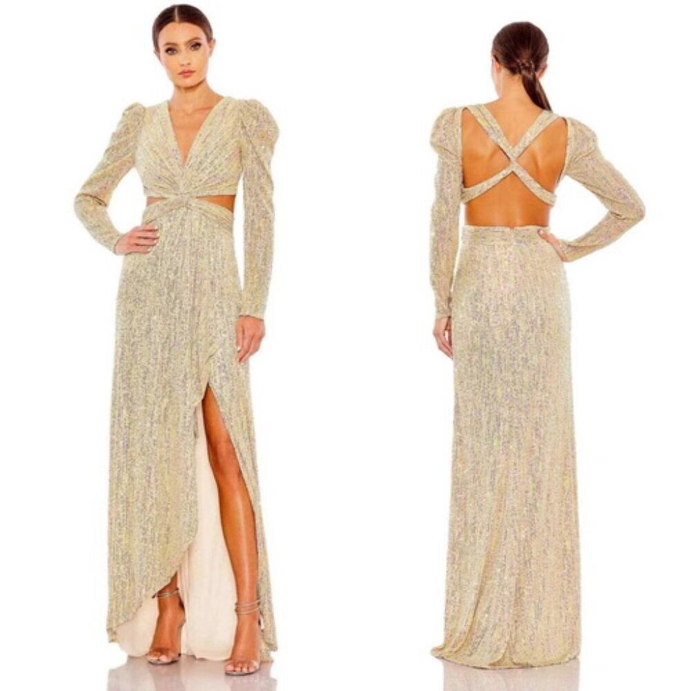 Mac Duggal Gold Metallic Puff Sleeve Front Twist Cut-Out Gown